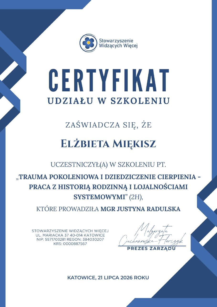 Certyfikat: Trauma pokoleniowa i dziedziczenie cierpienia – praca z historią rodzinną i lojalnościami systemowymi