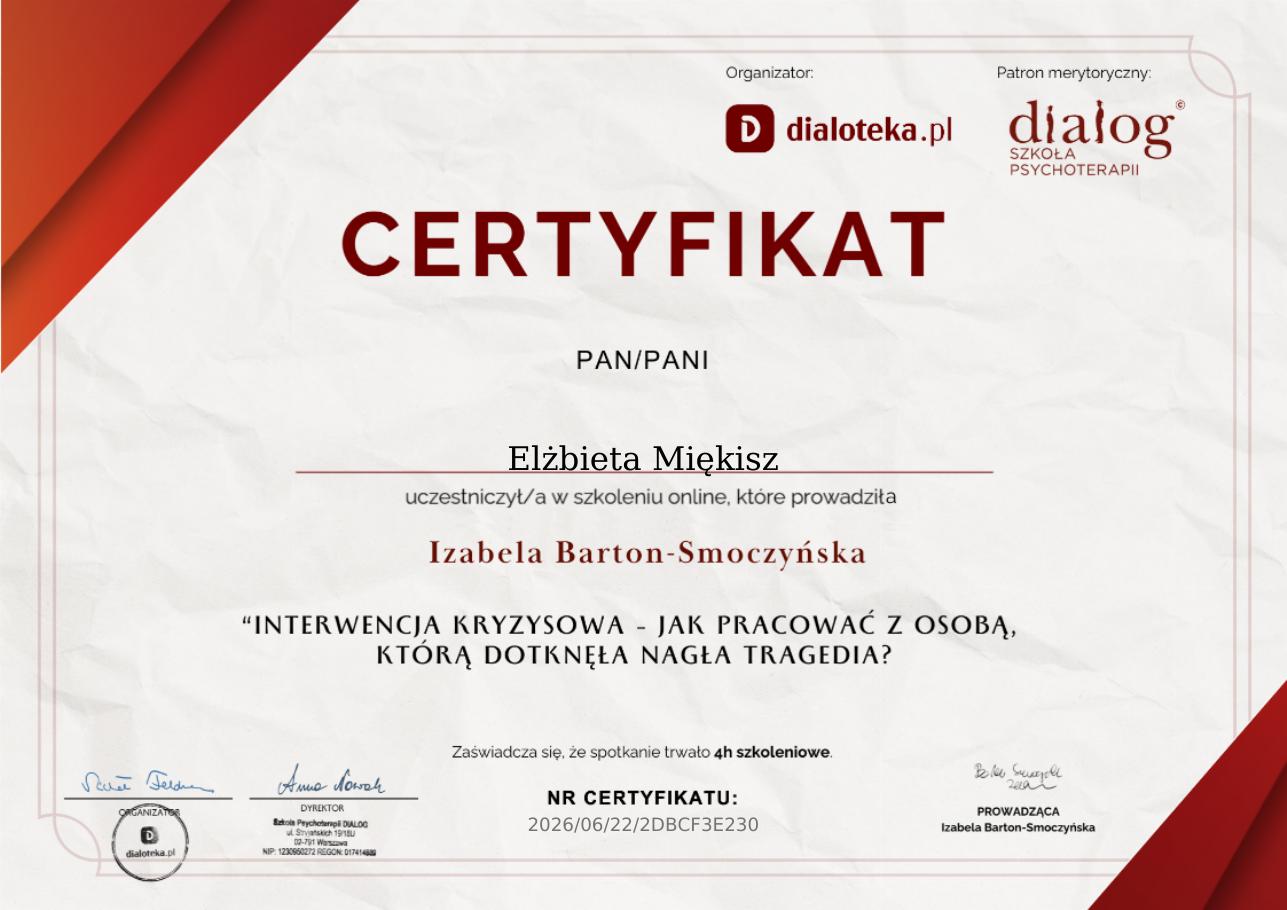 Certyfikat: Interwencja kryzysowa – jak pracować z osobą, którą dotknęła nagła tragedia?