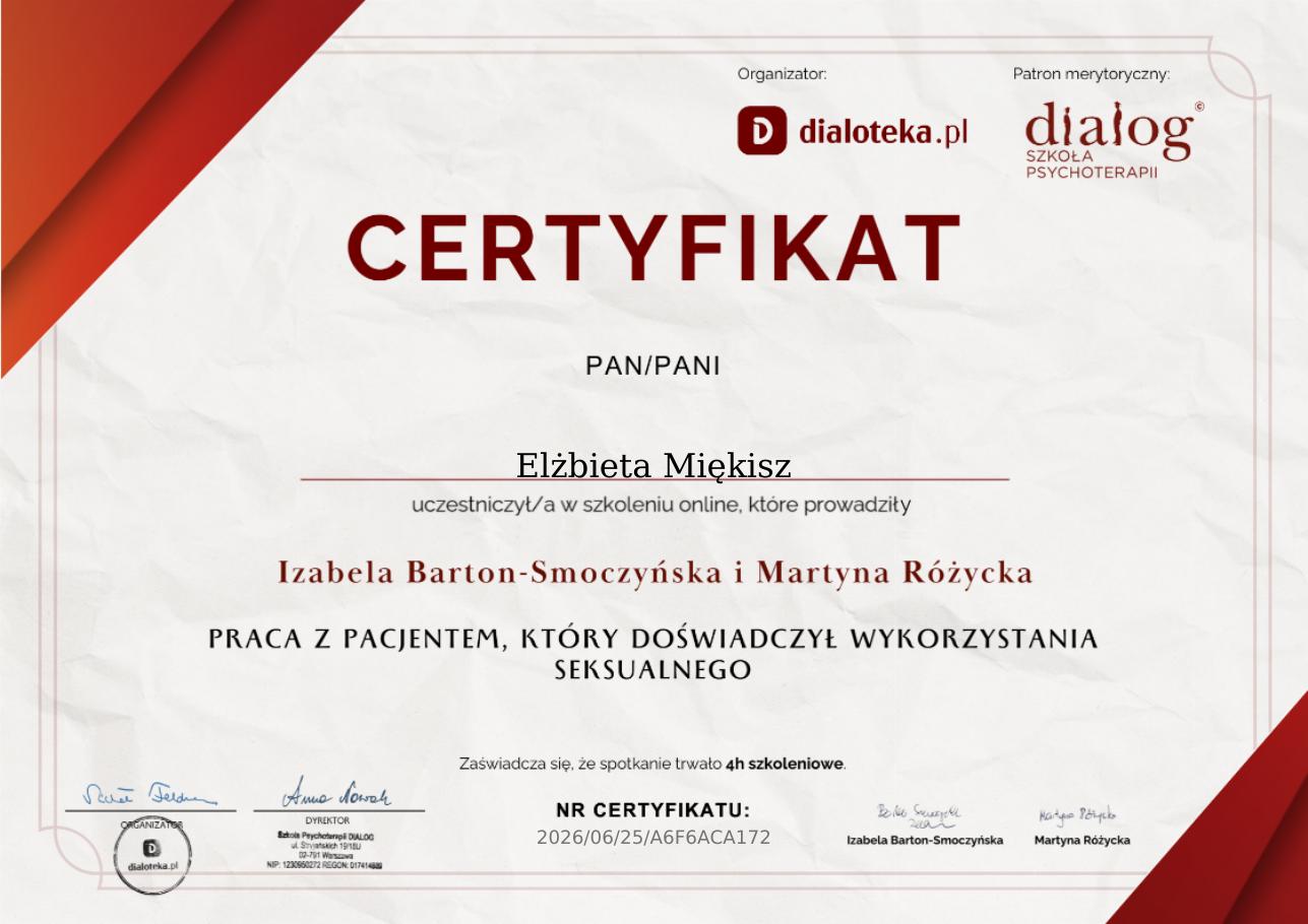 Certyfikat: Praca z pacjentem, który doświadczył wykorzystania seksualnego